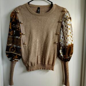 Stylish Tan Sweater with Patterned Sleeves